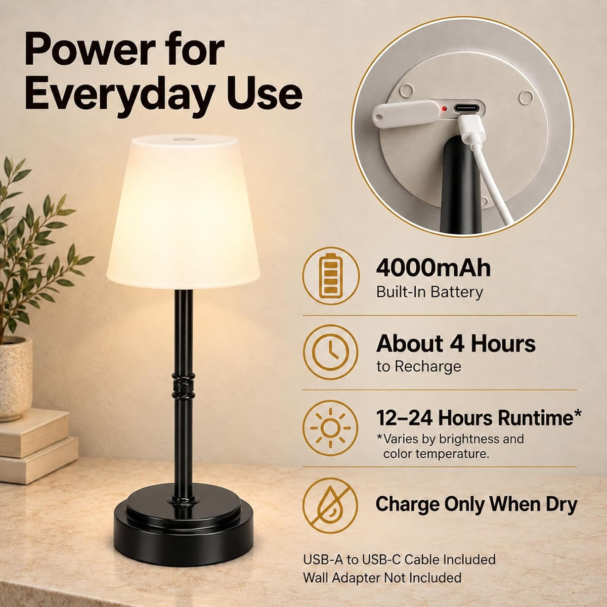 Lámpara Lámpara de mesa LED inalámbrica recargable, lámpara de ducha IP65, negro