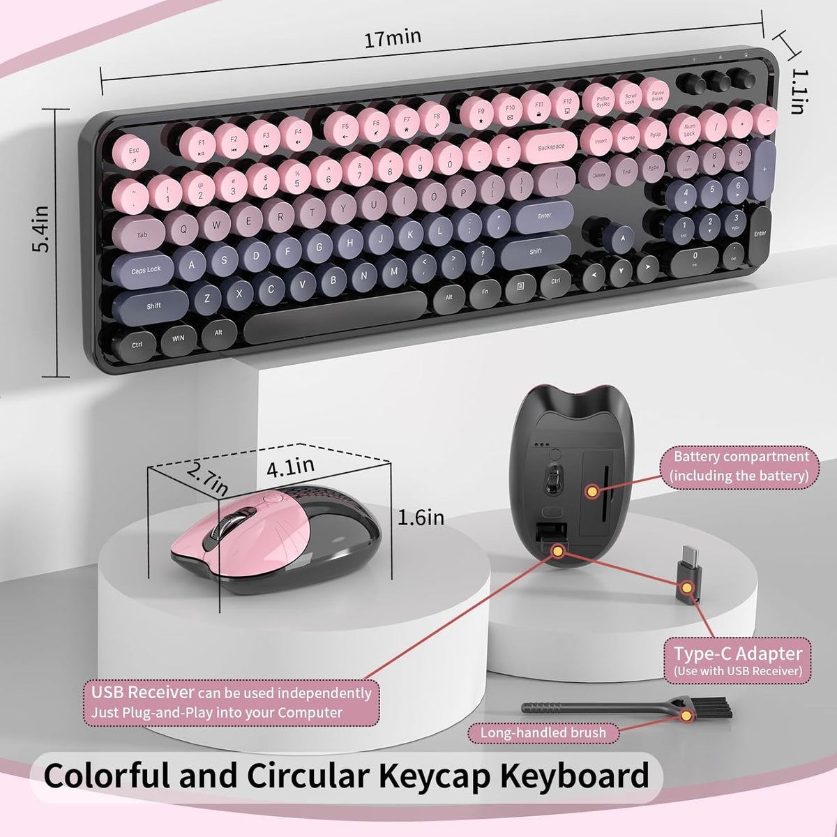 Teclado y mouse inalámbricos, MOFII con teclas redondas retro de 10...