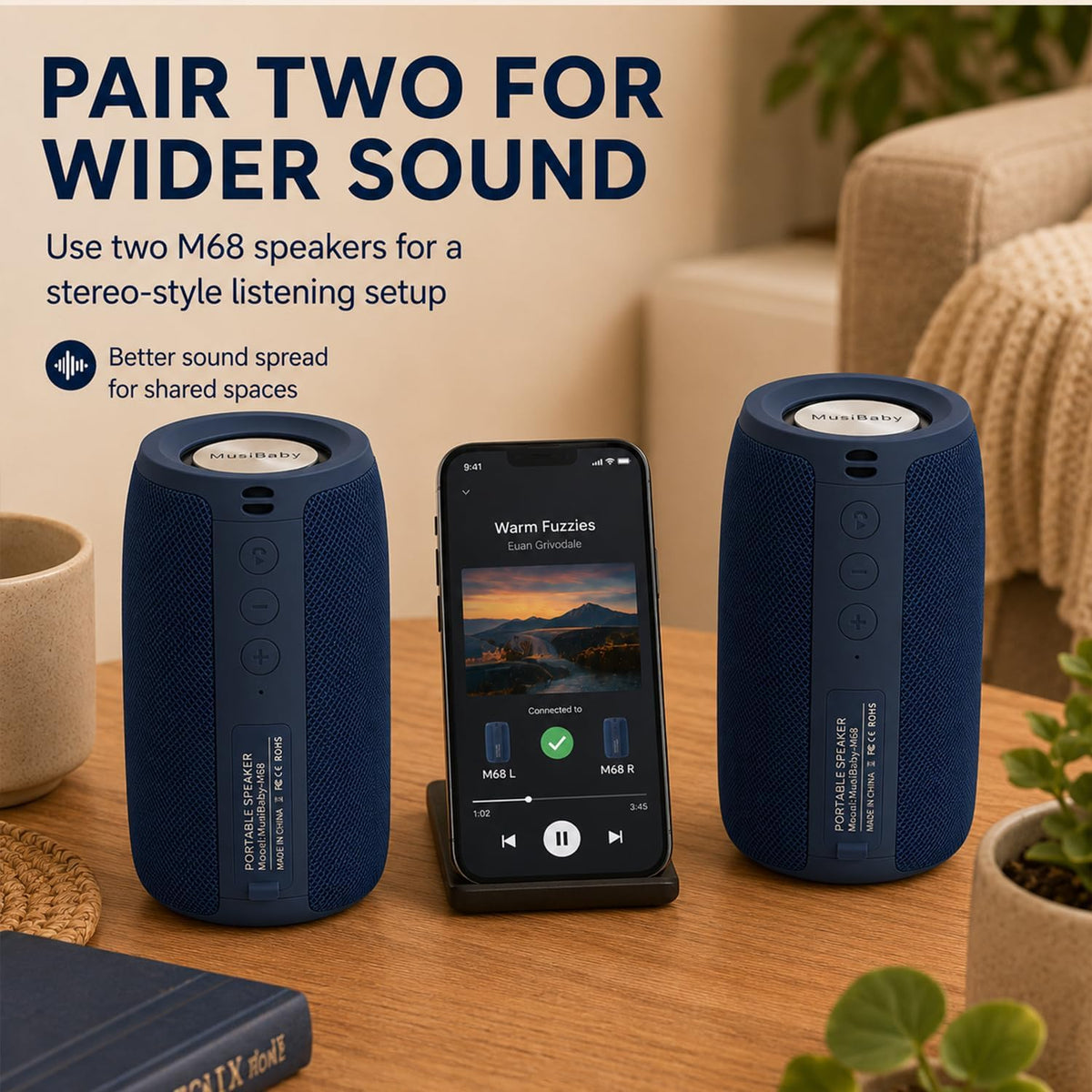 Altavoz Bluetooth Musibaby M68, 12W, IPX5, FM, USB AUX, Azul Oscuro...