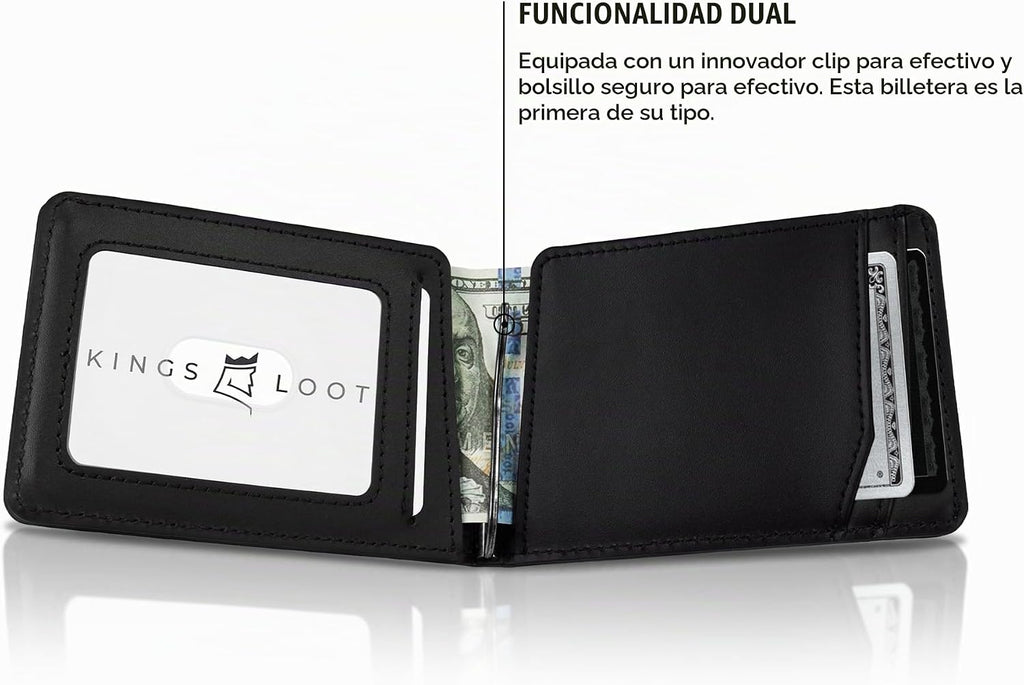 Kings Loot Cartera para hombre, bloqueo RFID, bolsillo para efectivo, negro