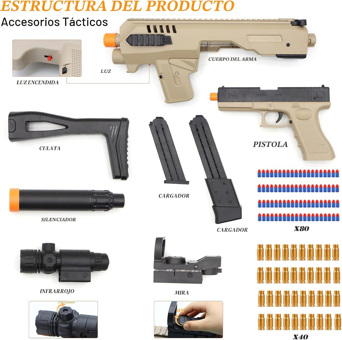 Pistola de juguete de dos modos, rifle de expulsión con 80 balas suaves, 40 conchas, 2 clips, pistolas de juguete de bala suave, juegos de disparos al aire libre, Navidad, Halloween, regalos de cumpleaños