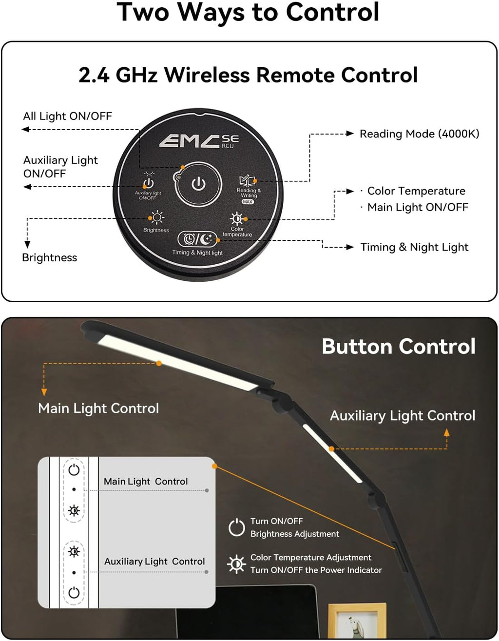 Lámpara Lámpara de escritorio LED con abrazadera, lámpara de escritorio de arquitecto con control remoto, luz de escritorio de brazo oscilante flexible con luz LED dual, atenuación continua, 5 modos de color