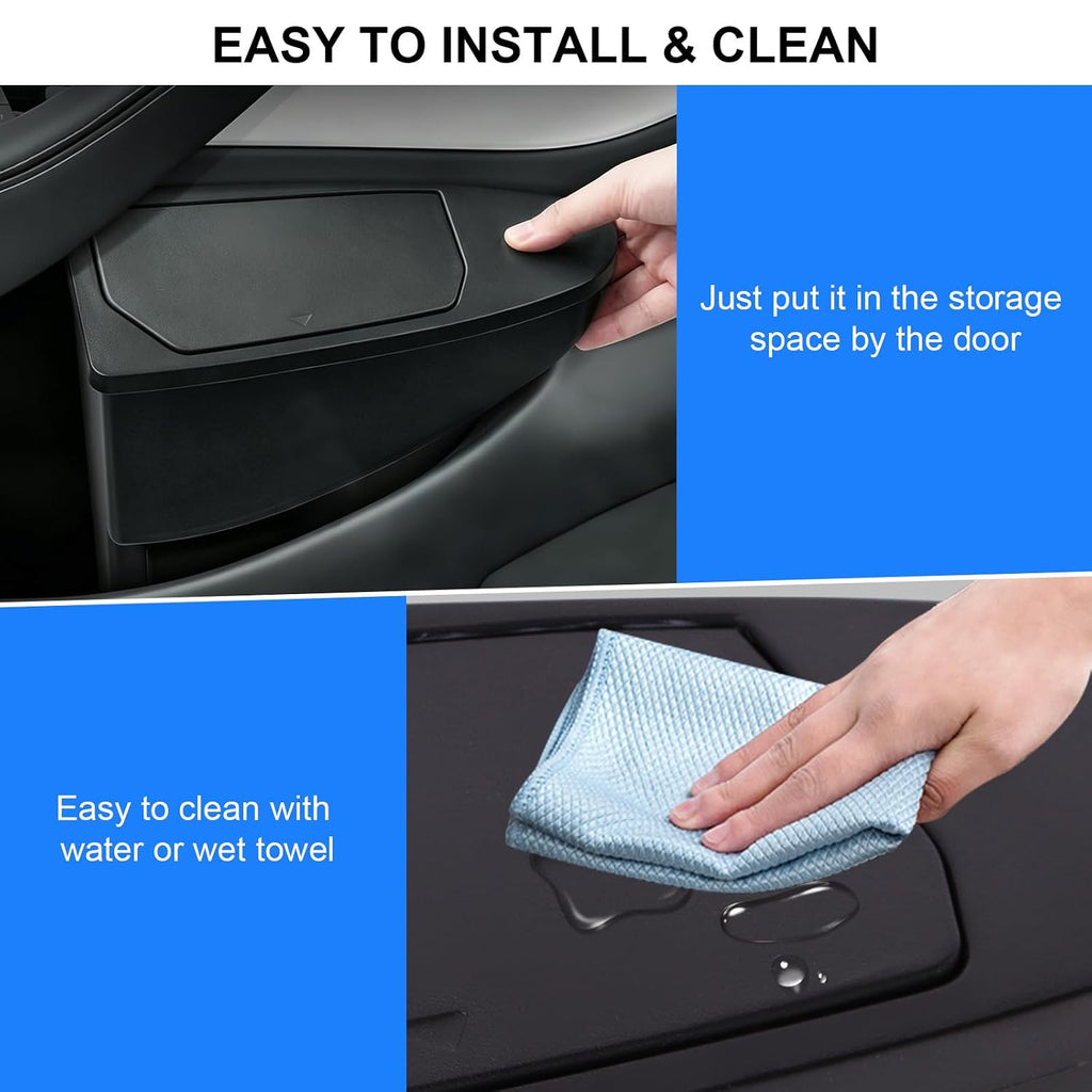 Safego Bote de basura para puerta delantera de automóvil para Tesla Model Y Juniper/YL 2026 2025, paquete de 2 cajas de almacenamiento para puerta lateral, accesorios organizadores con diseño de tapa