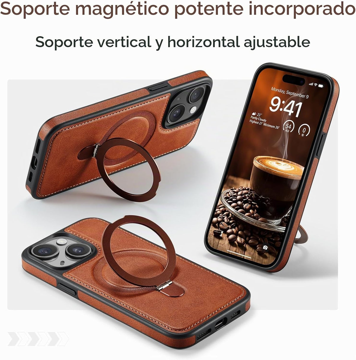 Funda para iPhone 15 con Soporte Compatible con Magsafe de Cuero PU Delgado y TPU Duradero a Prueba de Caídas Soporte Magnético Plegable Funda Protectora para Teléfono con Protector de