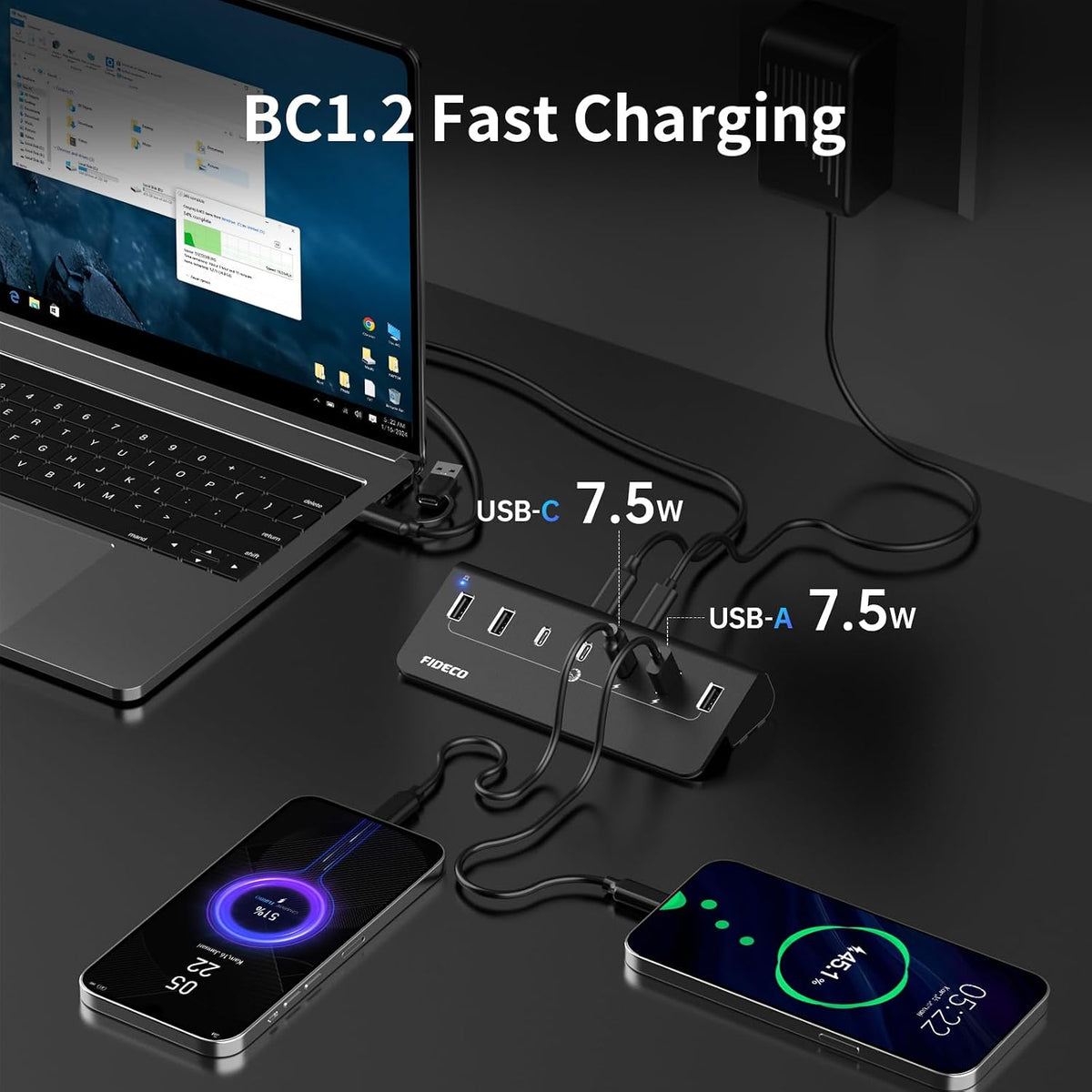 FIDECO, H708C43, hub USB 3.2 de 7 puertos, alimentado