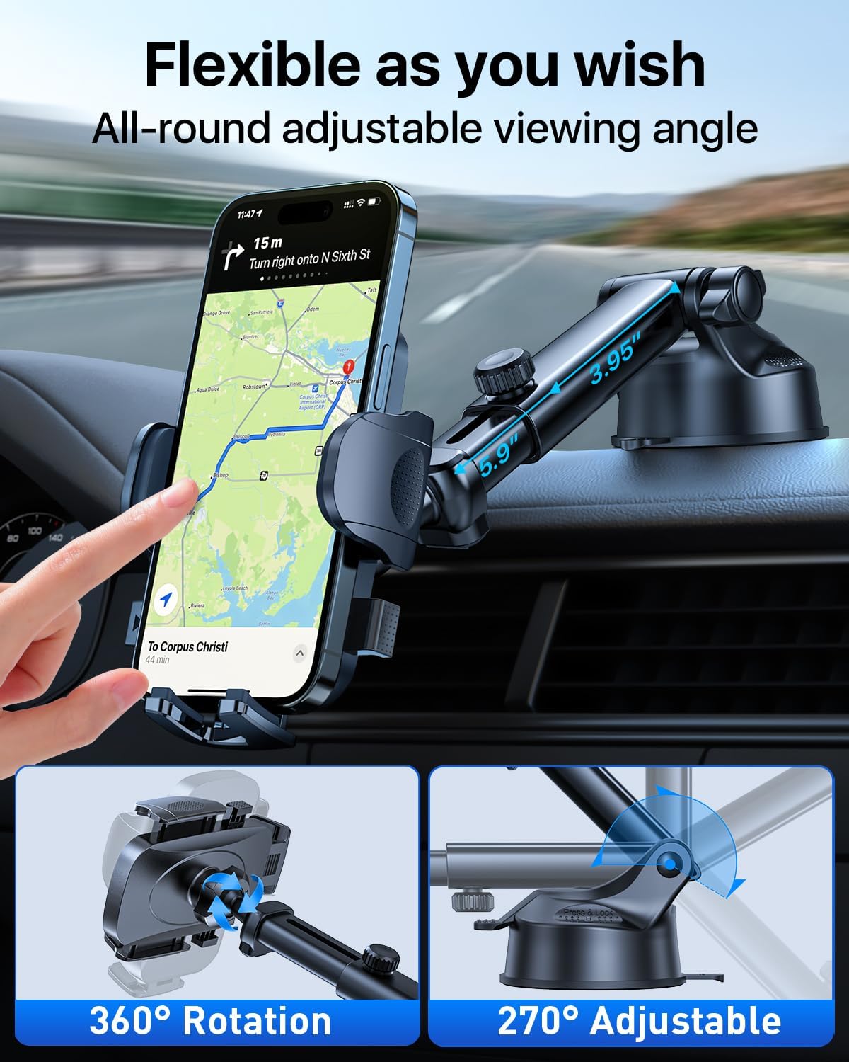 Soporte universal para teléfono celular para automóvil [potente ventosa] Soporte universal para teléfono de automóvil para salpicadero, parabrisas de ventilación, brazo largo, soporte para teléfono celular, funda gruesa, compatible con teléfonos pesados