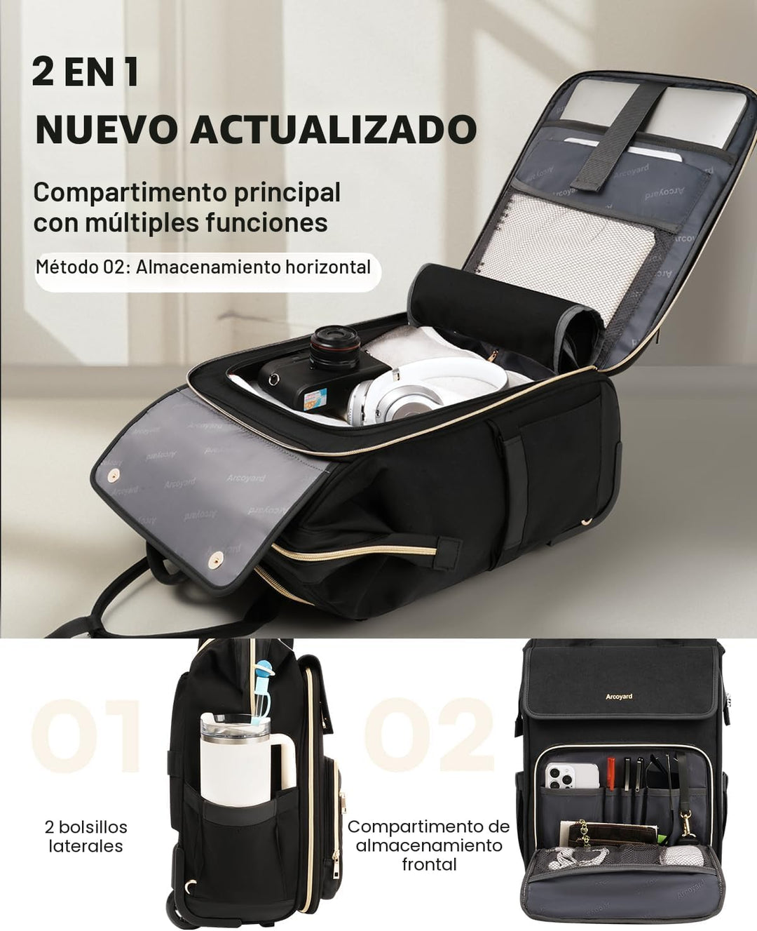 Mochila rodante Arcoyard para mujeres, mochila rodante para viajes...