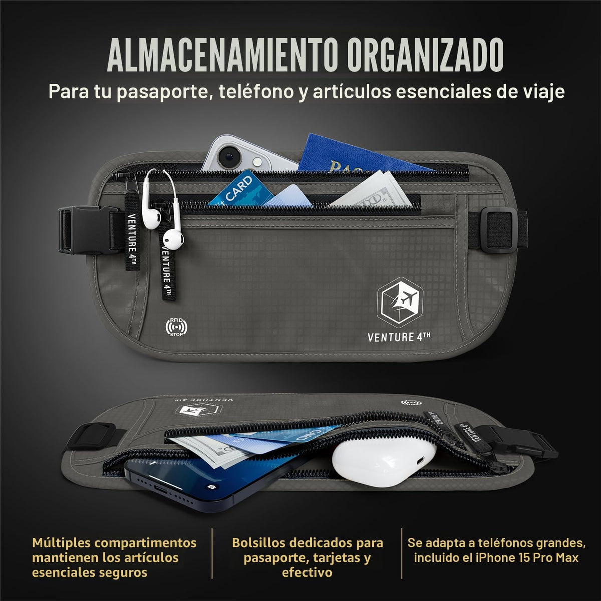 VENTURE 4TH Cinturón de dinero de viaje, RFID bloqueo pasaporte titular - gris