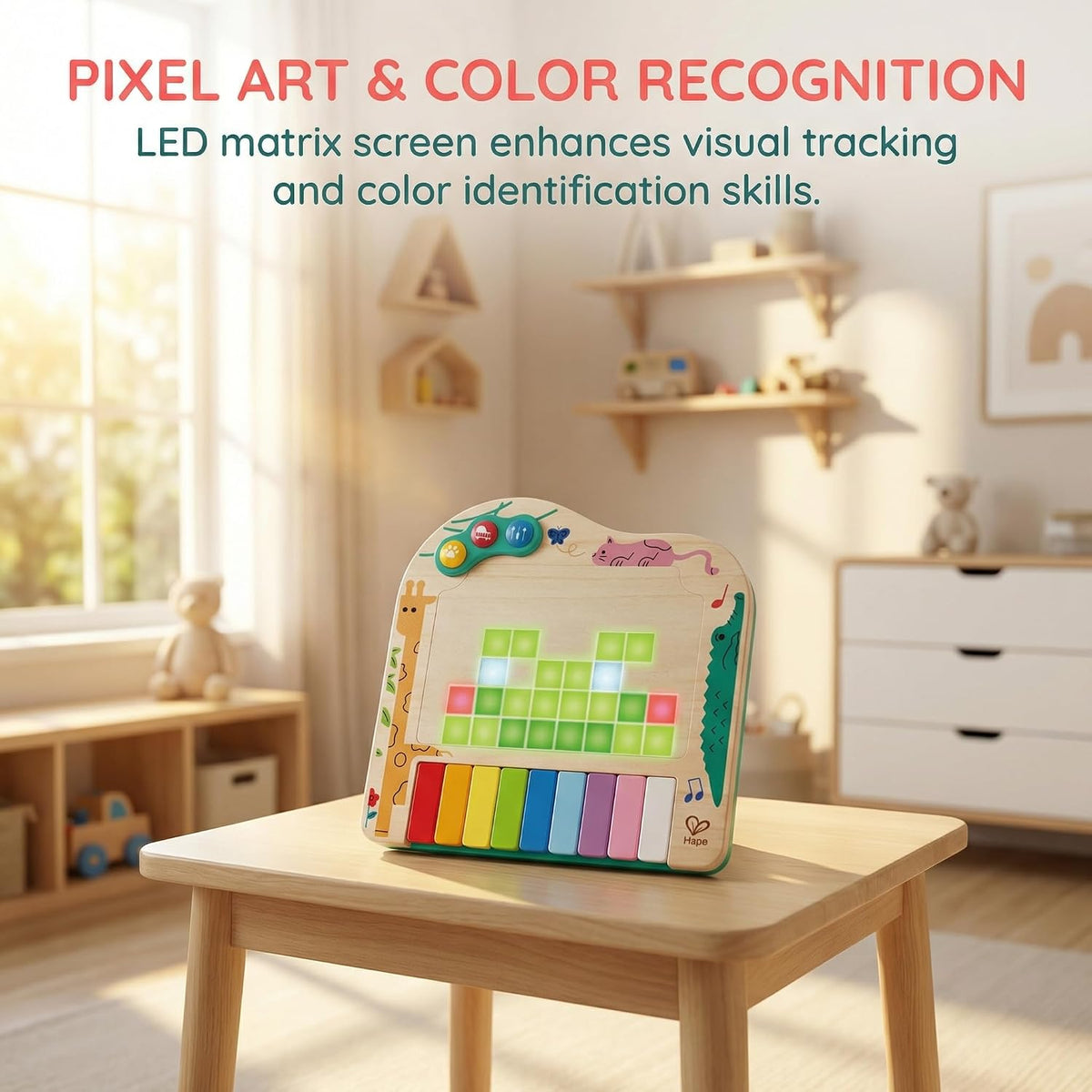 Hape Piano Dynamic Pixel - Piano interactivo 3 en 1 de madera para niños pequeños de 1 a 6 años, juguete sensorial musical con pantalla LED de píxeles, melodías guiadas y sonidos de animales, regalo educativo de aprendizaje temprano