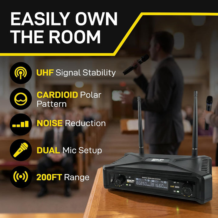 SKP Pro Audio Sistema de micrófono inalámbrico UHF-300D - Micrófono...