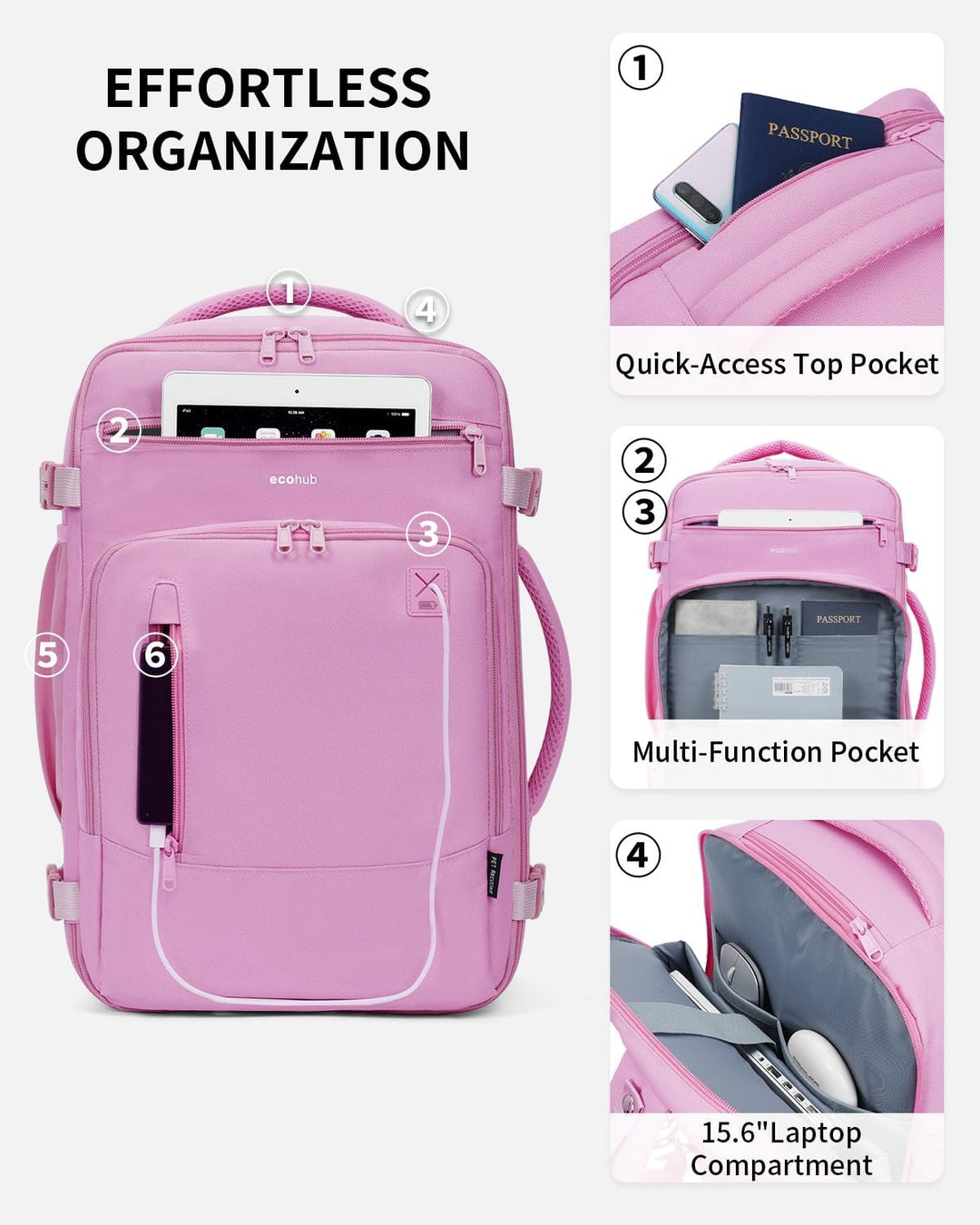 ECOHUB Mochila de Viaje Mochila de Equipaje de Mano, Rosa, Mochilas...