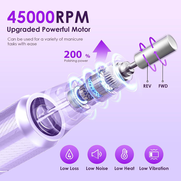 HELIVIVE Taladro de uñas eléctrico profesional de 45000 RPM (portát...