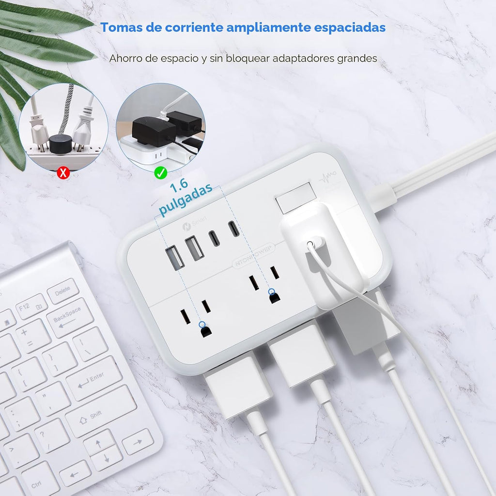 Extension Cord 15 ft, Surge Protector Power Strip con 6 Outlets 4 USB Charger(2 USB C puerto), Flat Plug Outlet Extender Long Cord, Protection para Indoor, Home, Office Supplies, Dorm Room Essentials