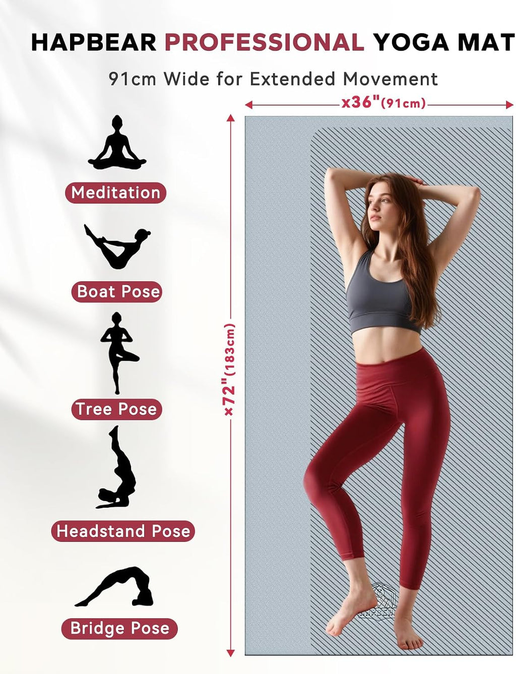HAPBEAR Esterilla de Yoga Grande - 72"x36" Extra Ancha - 1/4" de Espesor PVC Dual Color | Superficie Antideslizante y Alto Amortiguamiento - Ideal para Yoga, Pilates y Entrenamientos en Casa - Bolsa de Malla Bolsa de Regalo
