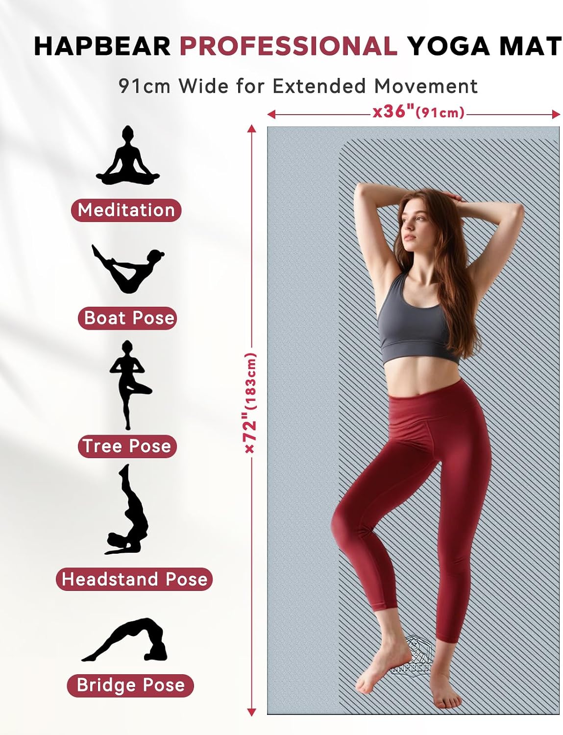 HAPBEAR Esterilla de Yoga Grande - 72"x36" Extra Ancha - 1/4" de Espesor PVC Dual Color | Superficie Antideslizante y Alto Amortiguamiento - Ideal para Yoga, Pilates y Entrenamientos en Casa - Bolsa de Malla Bolsa de Regalo