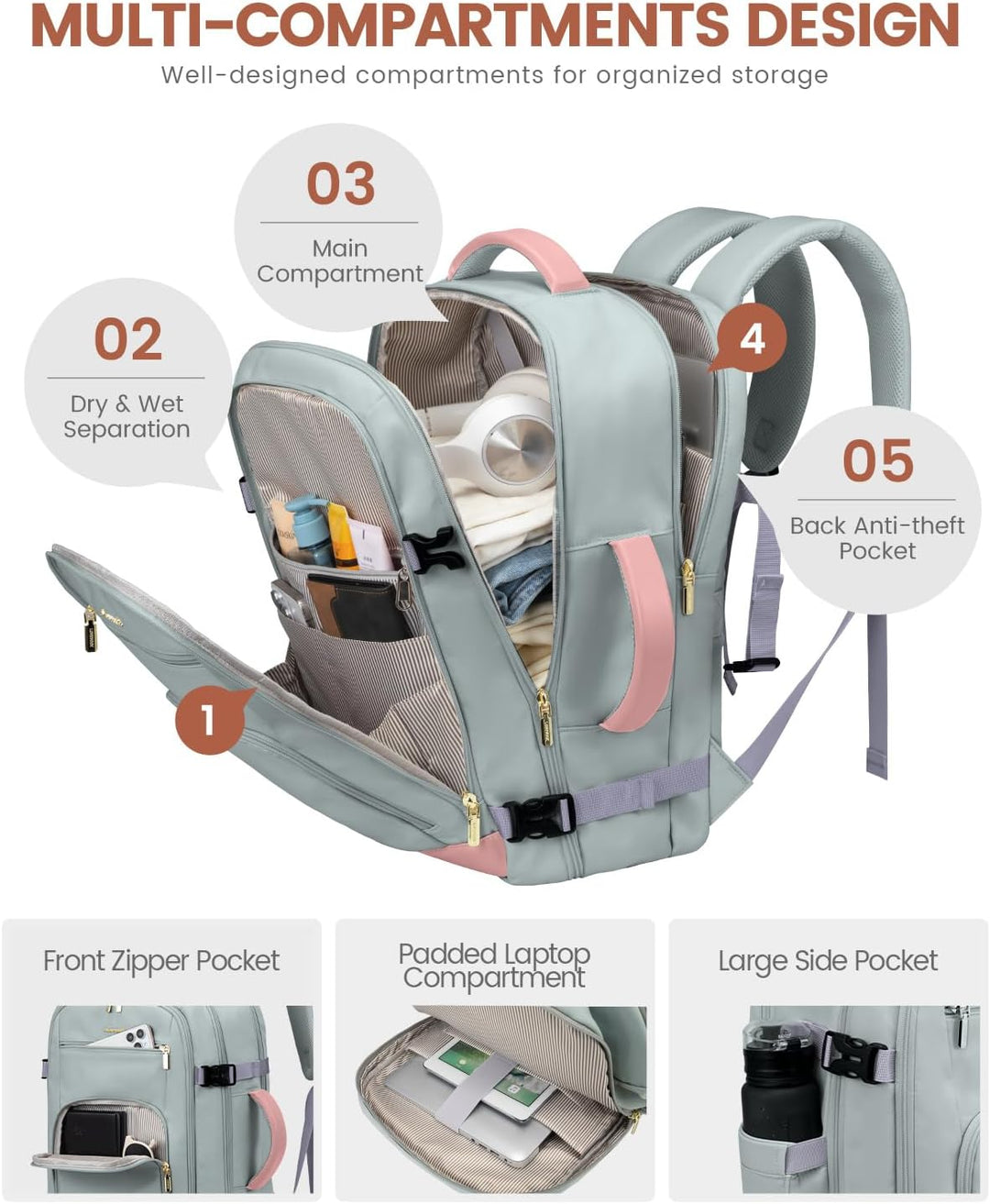 LOVEVOOK Mochila de viaje de 50 L para mujer, aprobada para vuelo,...
