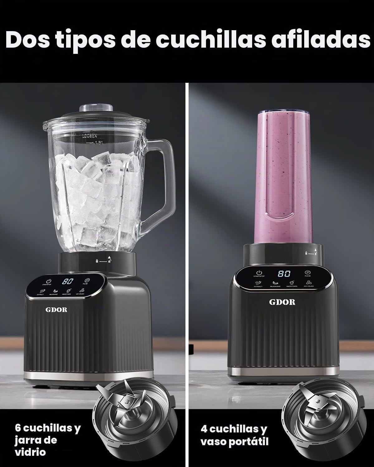 Licuadora GDOR Smoothie para cocina, 1200W Licuadora de vidrio con 5 programas inteligentes