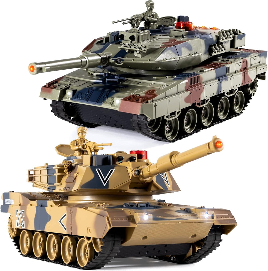 1/24 RC Battle Tank Set, control remoto USA M1A2 y Ger Leopard II Army Toy que dispara, juguete modelo tanque 2.4G para niños a partir de 8 años con efectos de sonido, luces y humo