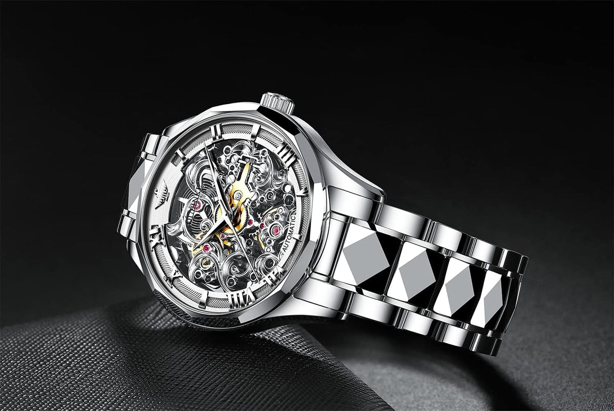 OUPINKE Relojes esqueleto dorados para hombre, Vestir de lujo, Automático Mecánico