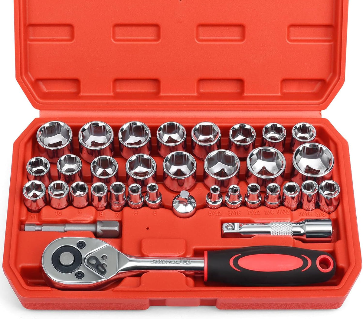 Egofine Juego de llaves de trinquete de 34 piezas de 3/8 de pulgada, con juego de cubos métrico/SAE y barra de extensión para reparación de auto y hogar, con estuche de almacenamiento