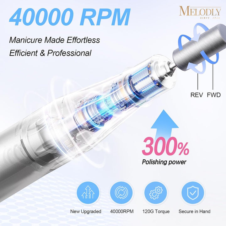 Lima de uñas eléctrica profesional de 40000 RPM, Melodly - Kit de m...