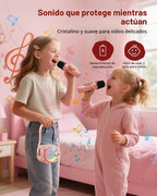 Mini máquina de karaoke con altavoz Bluetooth portátil con 2 micrófonos inalámbricos y luces LED de fiesta para niñas, niños, familia, compatible con tarjeta USB/AUX/TF para regalos de