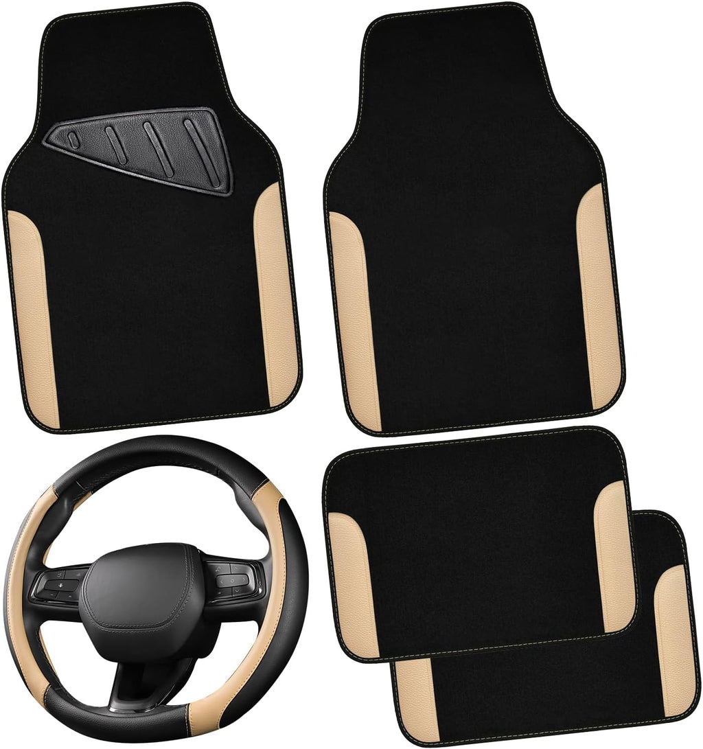 CAR PASS Funda de cuero sintético para volante y tapetes impermeables para automóvil, ajuste universal para el 95% de los sedán, SUV, automóviles, 14.5-15 pulgadas, diseño deportivo antideslizante, seguro, cómodo (negro y beige)