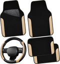 CAR PASS Funda de cuero sintético para volante y tapetes impermeables para automóvil, ajuste universal para el 95% de los sedán, SUV, automóviles, 14.5-15 pulgadas, diseño deportivo antideslizante, seguro, cómodo (negro y beige)