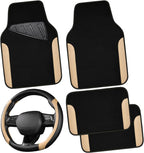 CAR PASS Funda de cuero sintético para volante y tapetes impermeables para automóvil, ajuste universal para el 95% de los sedán, SUV, automóviles, 14.5-15 pulgadas, diseño deportivo antideslizante, seguro, cómodo (negro y beige)