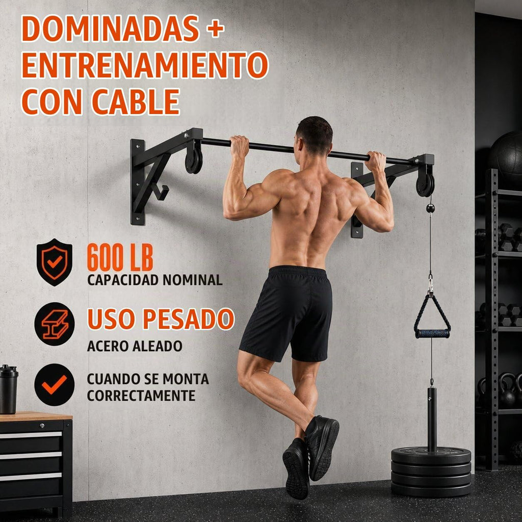 Barra de dominadas montada en la pared con sistema de polea