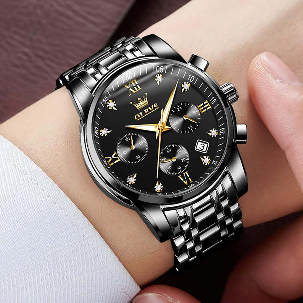 OLEVS Relojes de Oro para Hombres Reloj de Pulsera de Lujo a Prueba de Agua Gran Cara Elegante Acero Inoxidable Analógico Cuarzo Fecha Cronógrafo Luminoso Lectura Fácil Relojes de Negocios Regalos para Hombres Graduación