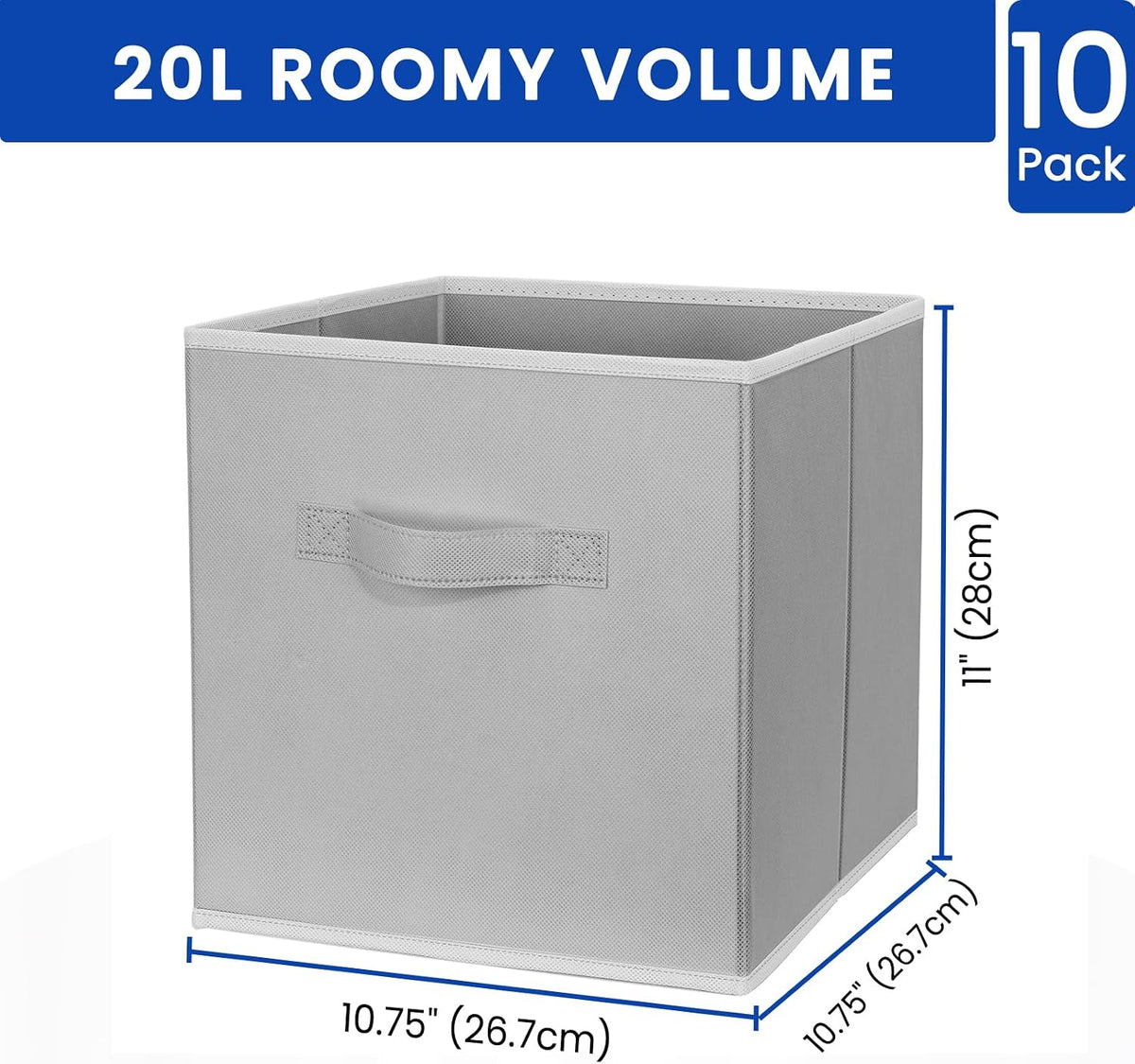 Cubos de almacenamiento, cubos de almacenamiento de 11 pulgadas para estantes (paquete de 10), contenedores de almacenamiento plegables de tela con asas dobles, cestas plegables para revistas, organizadores de armario y caja de almacenamiento (gris)