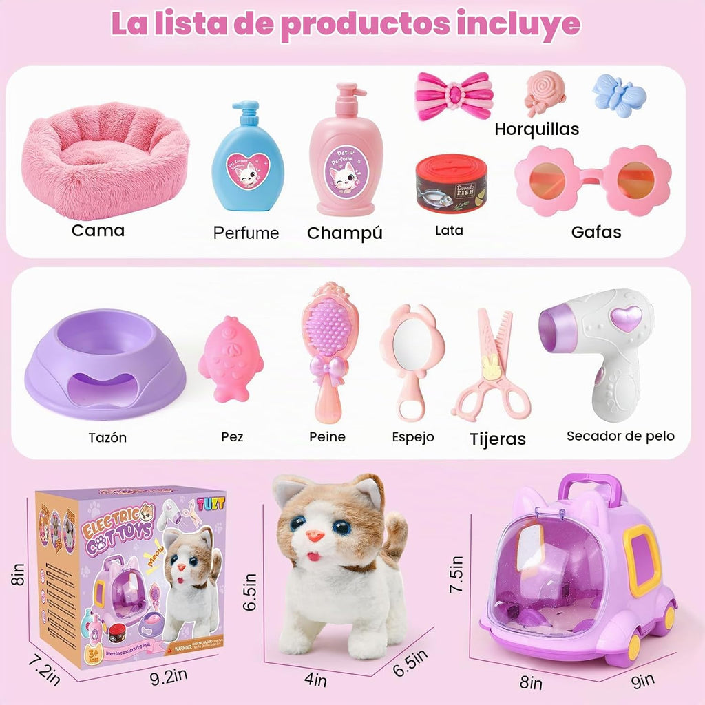 TUZT - Juguete de gato robot para niños y niñas de 3, 4, 5, 6 años, juguete interactivo de peluche con caminar y maullar, juguetes de simulación para niñas, para niñas de 3, 4, 5, 6, 7, 8 años
