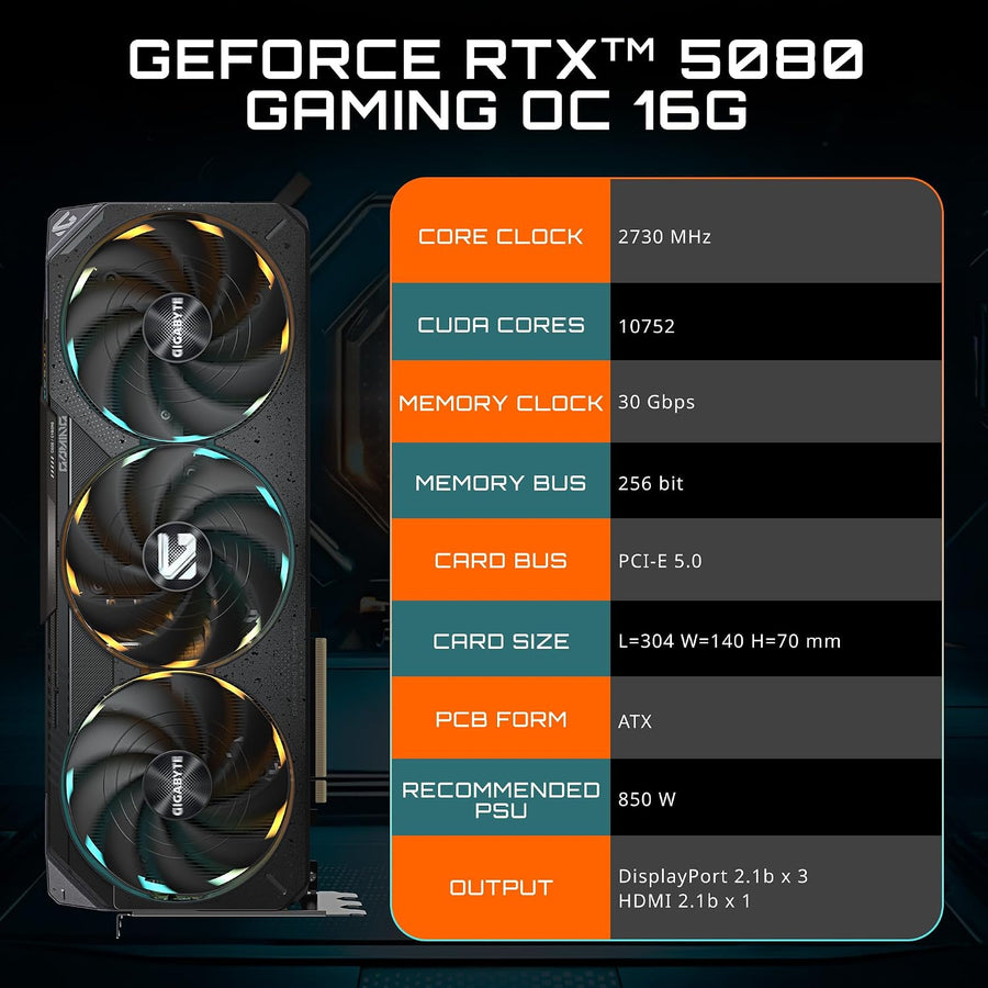 GIGABYTE Tarjeta gráfica GeForce RTX 5080 Gaming OC 16G, sistema de...