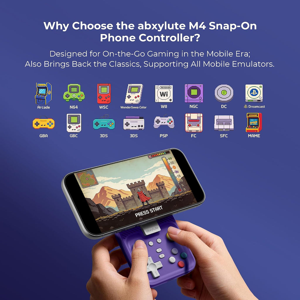 abxylute M4 - Controlador móvil para juegos a presión para Android y iPhone, Switch 1 y 2, controlador Bluetooth portátil, soporte retro de bolsillo para teléfono Arcade, doble joystick Turbo Pro