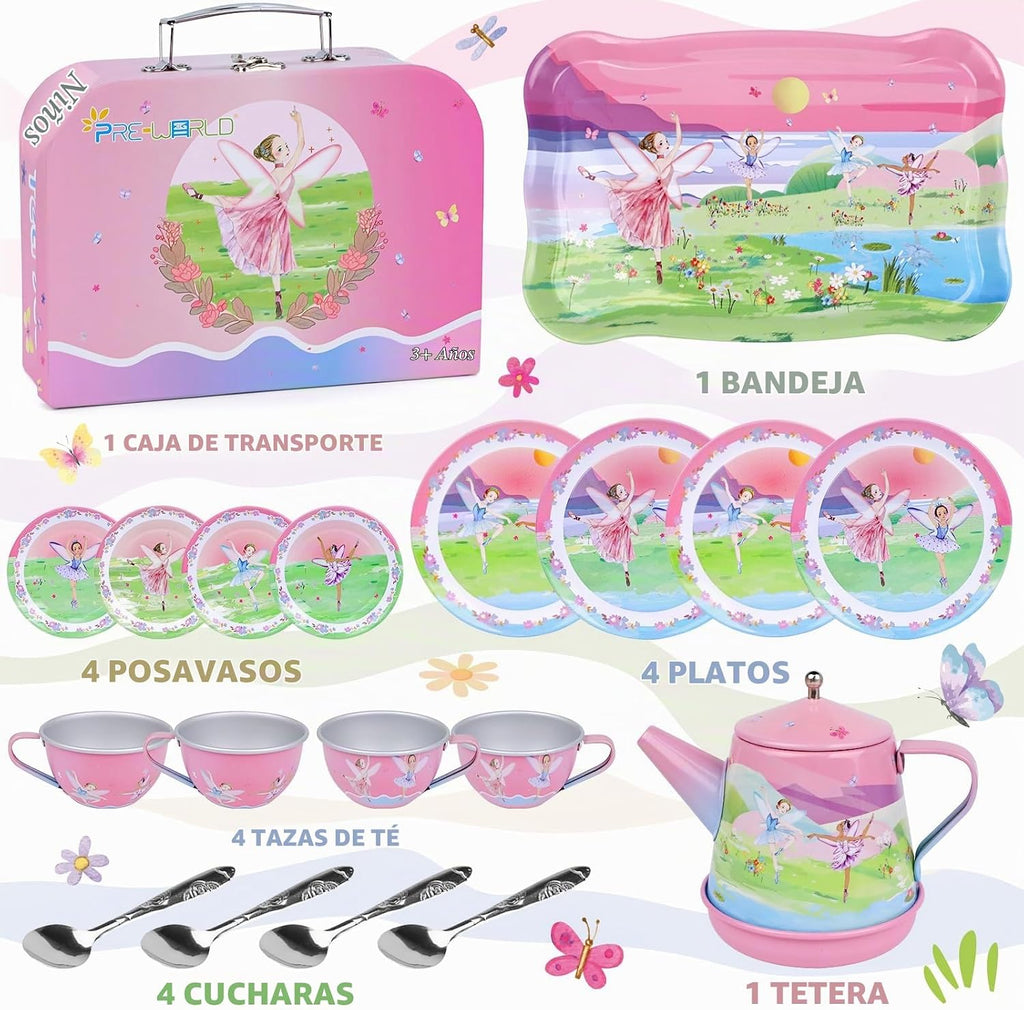 Juego de fiesta de té para niños de 3 a 5 años, juego de té musical de 53 piezas para niñas pequeñas con postres, galletas, donas, pastel, soporte para pastel, mantel y estuche de transporte, juguetes