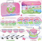 Juego de fiesta de té para niños de 3 a 5 años, juego de té musical de 53 piezas para niñas pequeñas con postres, galletas, donas, pastel, soporte para pastel, mantel y estuche de transporte, juguetes