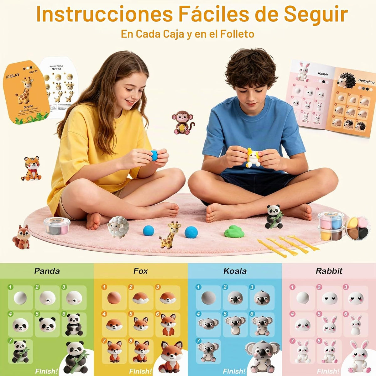 Kit de arcilla seca al aire, 16 animales para modelar arcilla mágica de secado al aire para niños, kits de arcilla de moldeo suave y no pegajosa con herramientas instrucciones para el hogar, regalos