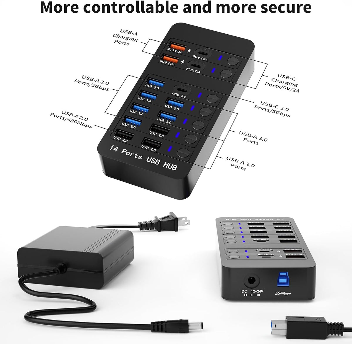 Zeroffi, J655-2402500D, hub USB de 14 puertos