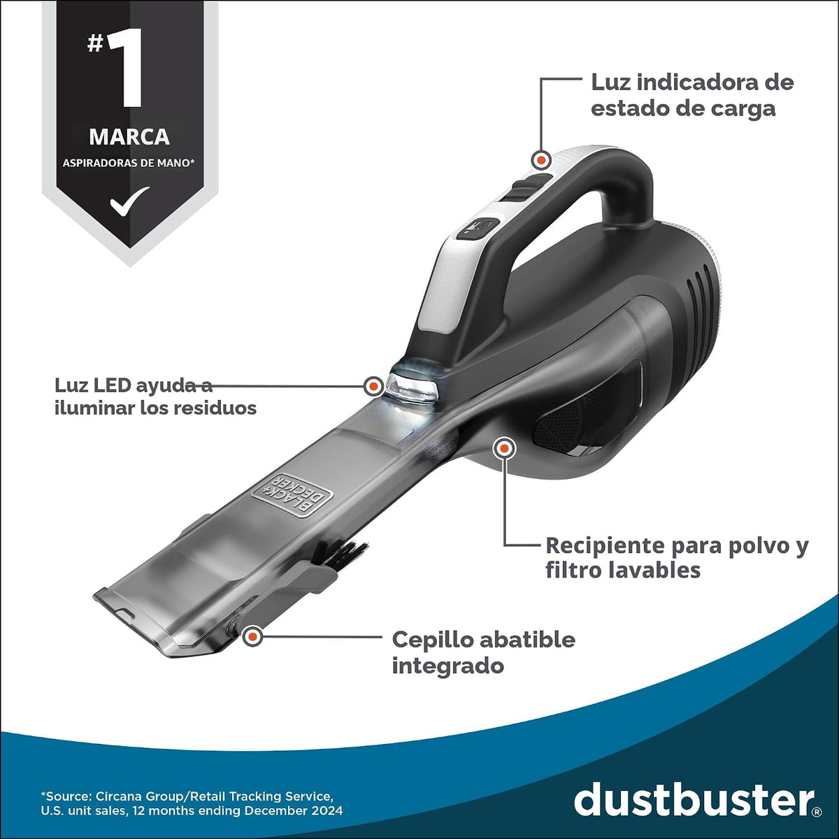 BLACK+DECKER Dustbuster Reveal - Aspiradora de mano inalámbrica, portátil, inalámbrica, luz LED, largo tiempo de funcionamiento, recargable y ligero, incluye herramienta para hendiduras