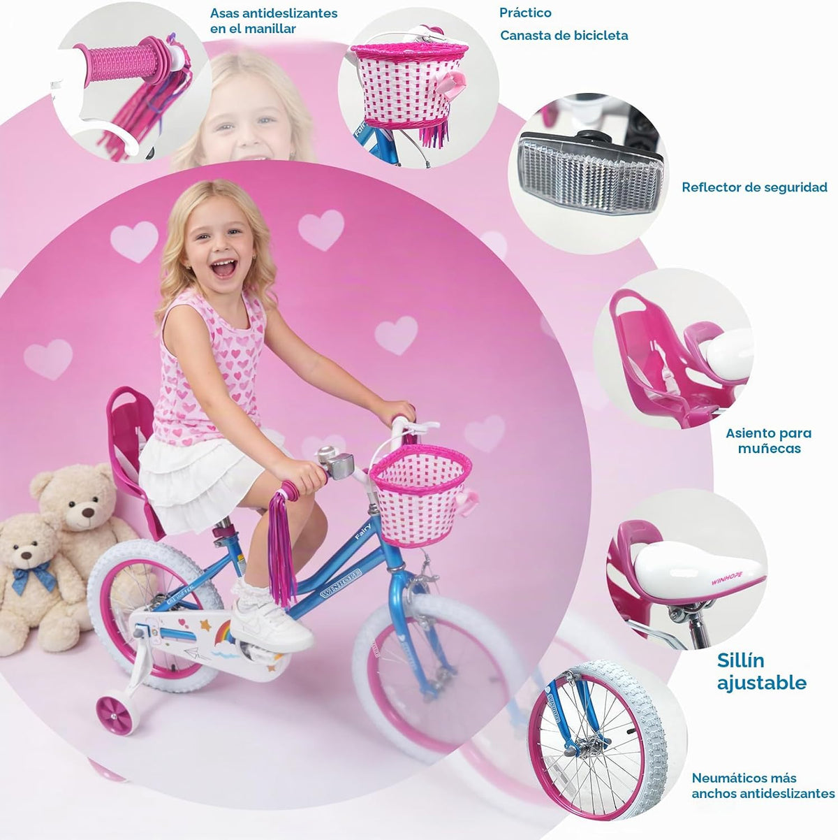Bicicleta WinHope Fairy Girls con Asiento para Muñeca, Bicicleta Infantil de 12-20 Pulgadas para Edades 2-12