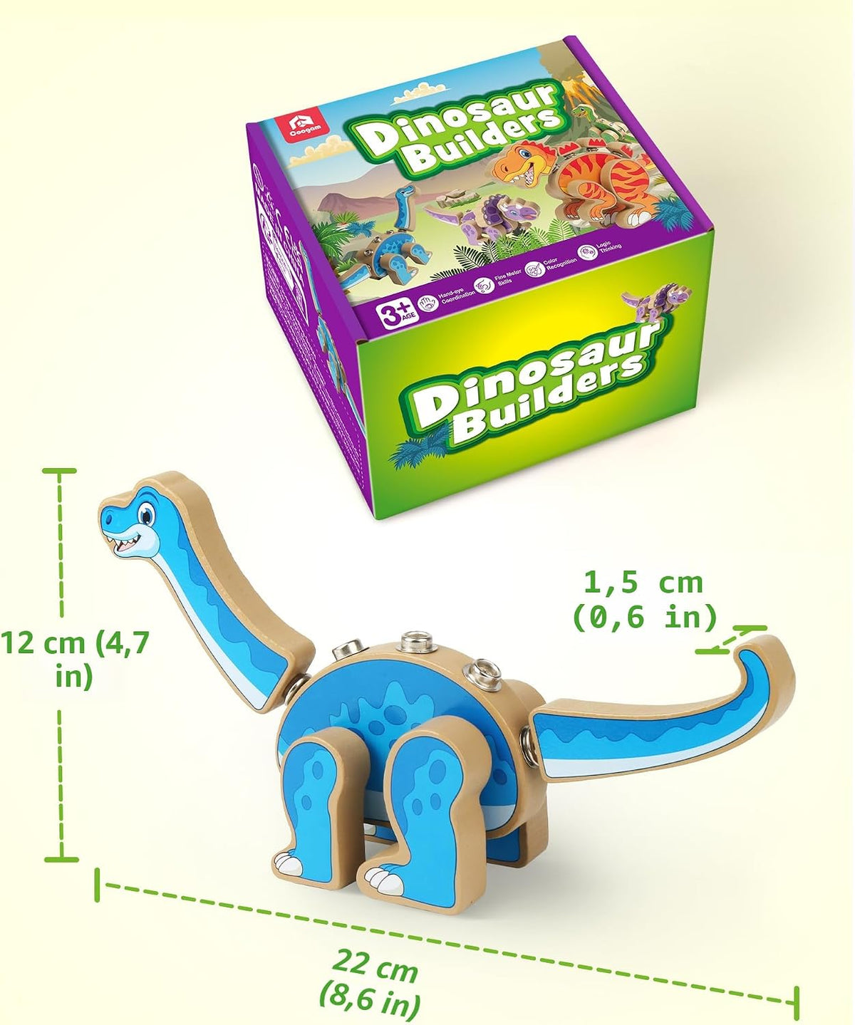 Coogam Construye Tus Propios Dinosaurios de Juguete, Set de Juego de Construcción de Dinosaurios que se Ensamblan, Constructor de Dinosaurios STEM de Madera Desmontable, Juguete de Construcción