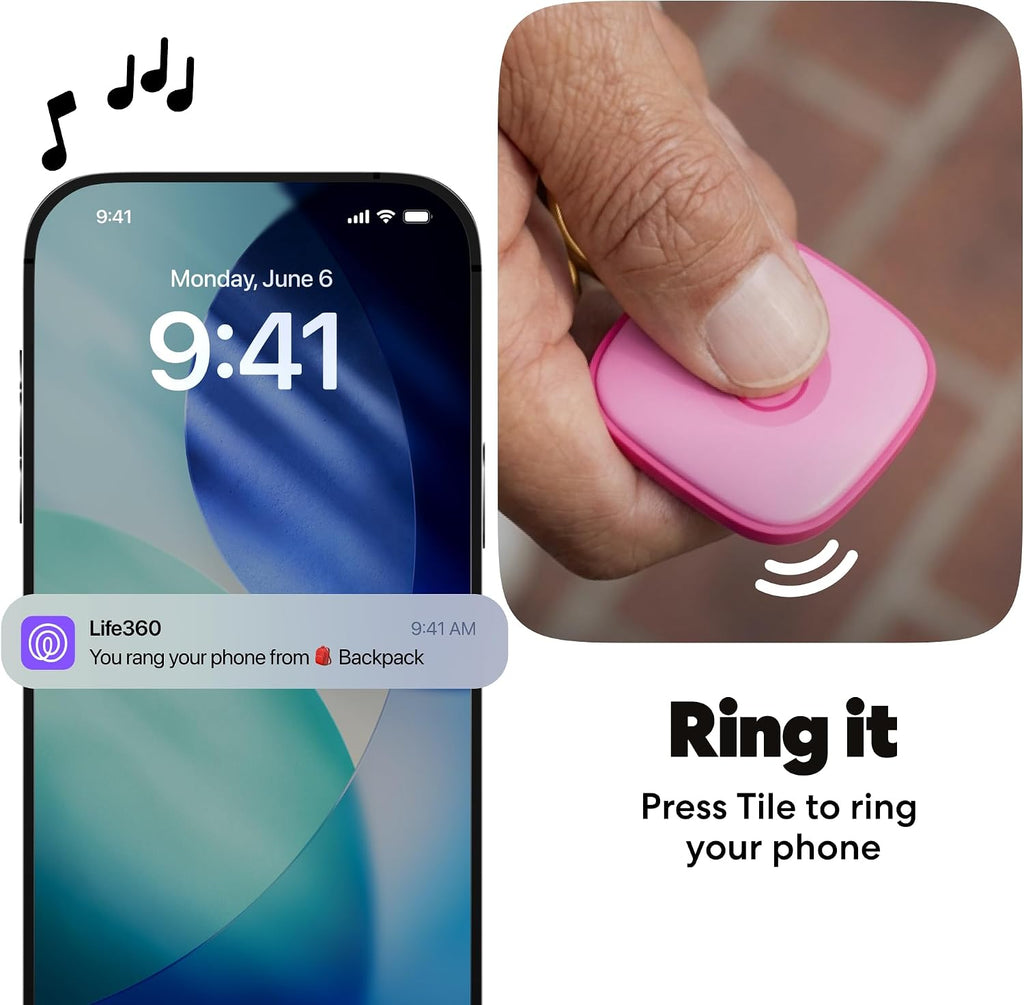 Life360 Tile - Rastreador Bluetooth, buscador de llaves y localizador de artículos para llaves, bolsas y más. Buscador de teléfonos. Compatible con iOS y Android. Paquete de 1 (ponche rosa)