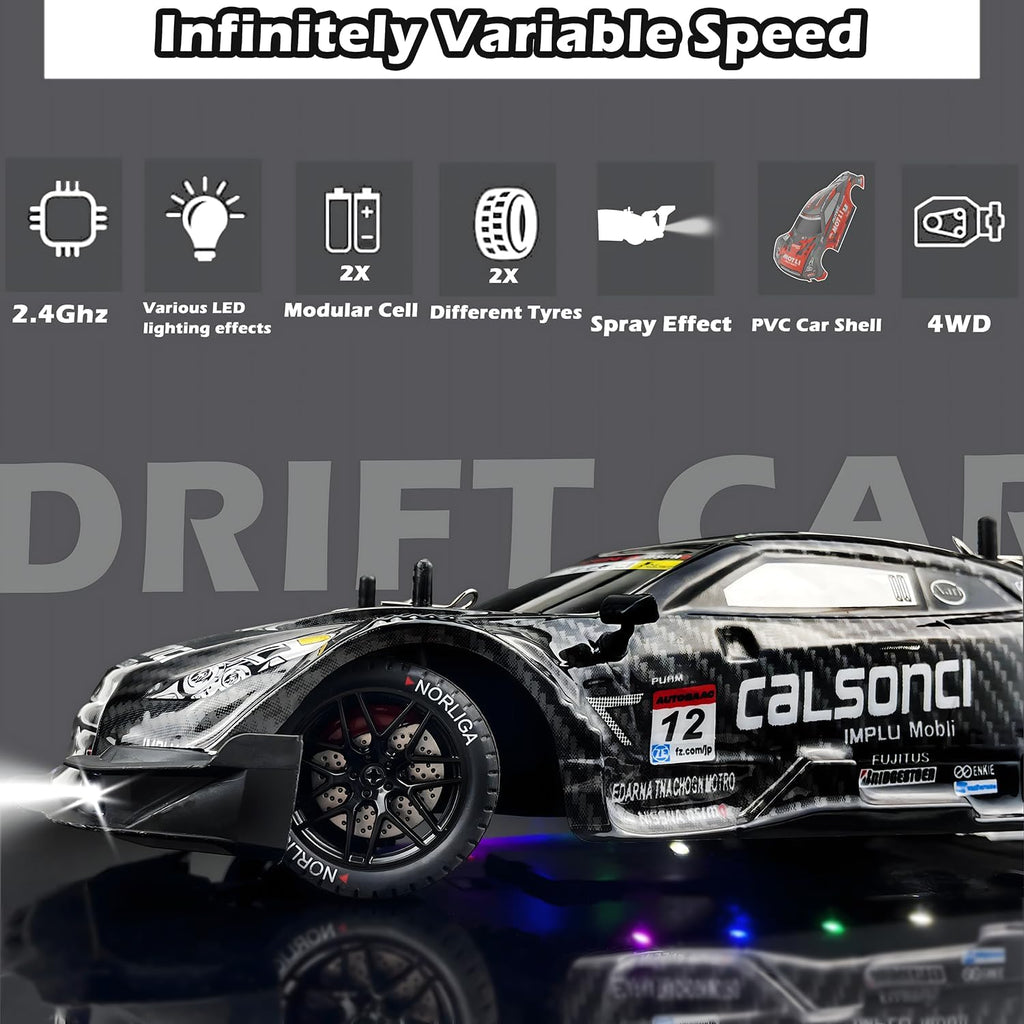 1:16 RC Drift Car 2.4GHz Spray 4WD Luces LED de Alta Velocidad de Control Remoto de 30+KM/H 2 Baterías 60Min Velocidad Variable Indefinidamente Juguetes de Coches de Deriva para Adultos y