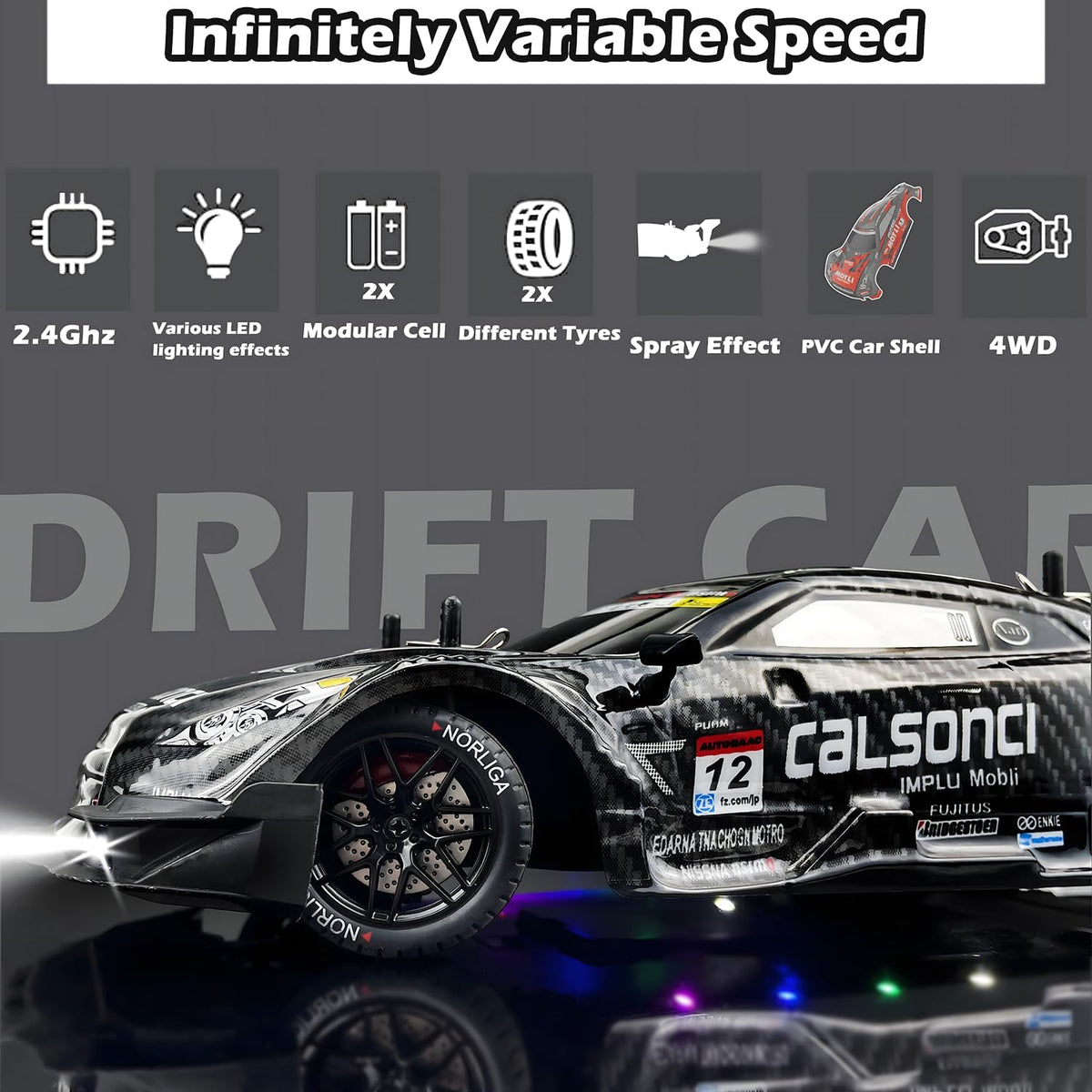 1:16 RC Drift Car 2.4GHz Spray 4WD Luces LED de Alta Velocidad de Control Remoto de 30+KM/H 2 Baterías 60Min Velocidad Variable Indefinidamente Juguetes de Coches de Deriva para Adultos y