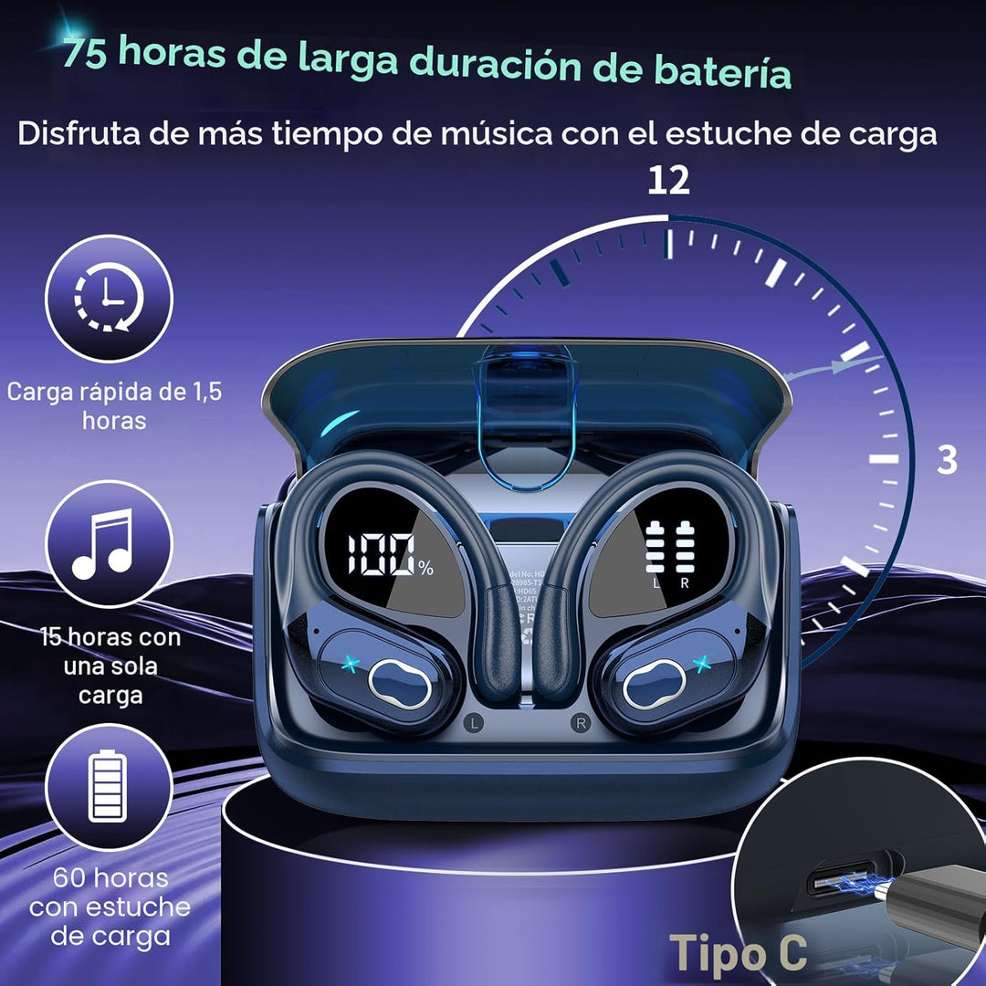 Aptkdoe - Auriculares inalámbricos 75 horas Bluetooth 5.4 para depo...