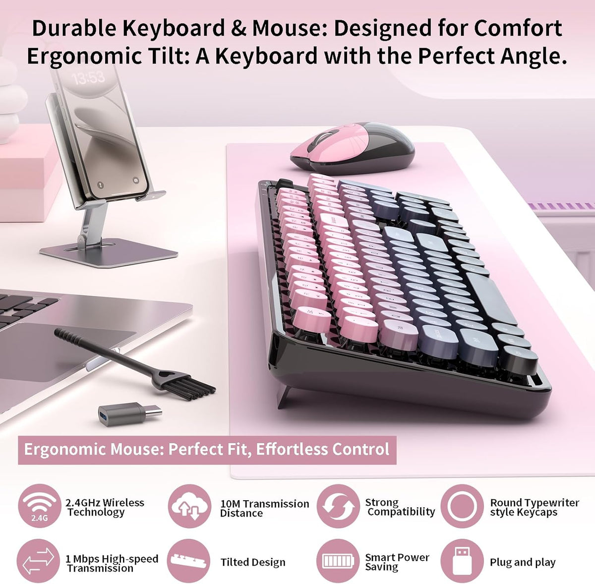Teclado y mouse inalámbricos, MOFII con teclas redondas retro de 10...