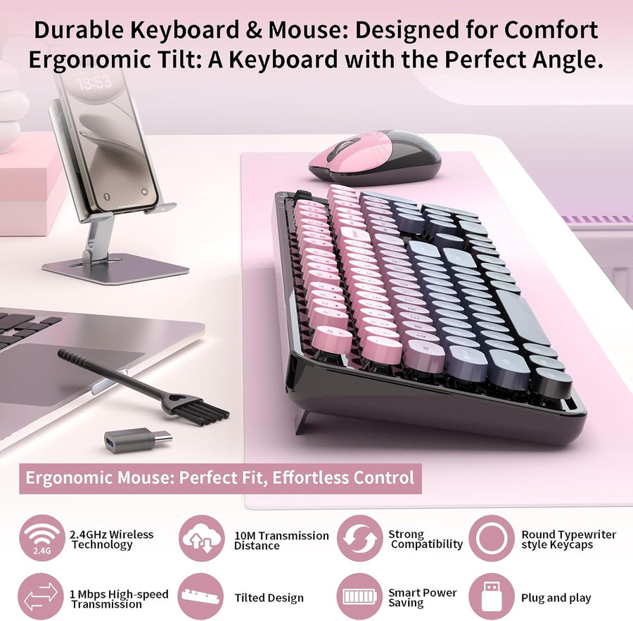 Teclado y mouse inalámbricos, MOFII con teclas redondas retro de 10...