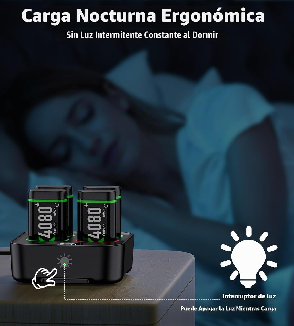 Paquetes de baterías recargables de carga rápida mejoradas con control de luz, 4 x 4080 mWh baterías de controlador Xbox con base de cargador para Xbox Series X|S, One S/X/Elite, fundas y juegos de almacenamiento
