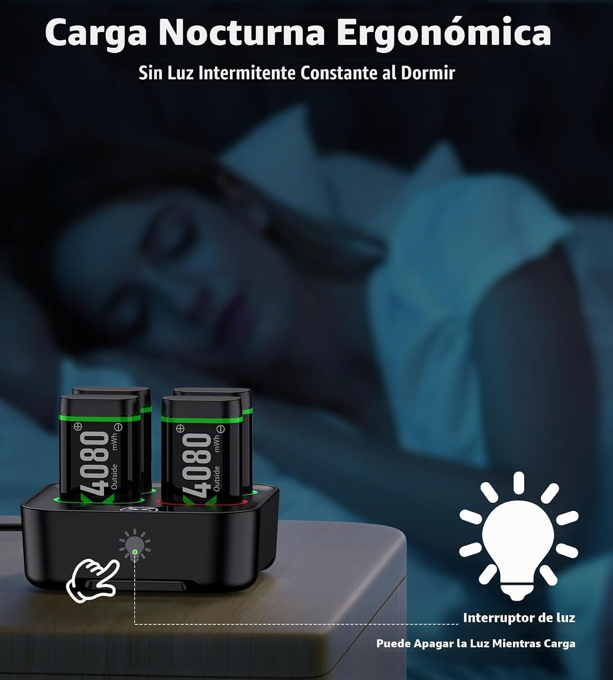Paquetes de baterías recargables de carga rápida mejoradas con control de luz, 4 x 4080 mWh baterías de controlador Xbox con base de cargador para Xbox Series X|S, One S/X/Elite, fundas y juegos de almacenamiento